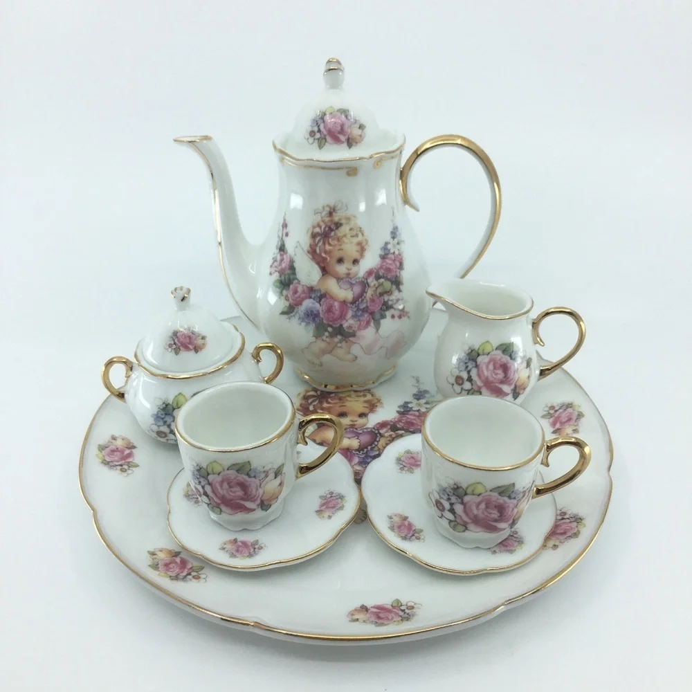 Vintage Children's Mini Tea Set White Porcelain Angel Pink Floral Gold Trim 10pc